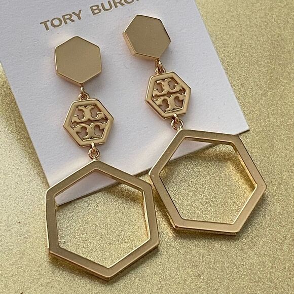 TORY BURCH•Goldtone geometrical logo Earrings - Picture 1 of 8